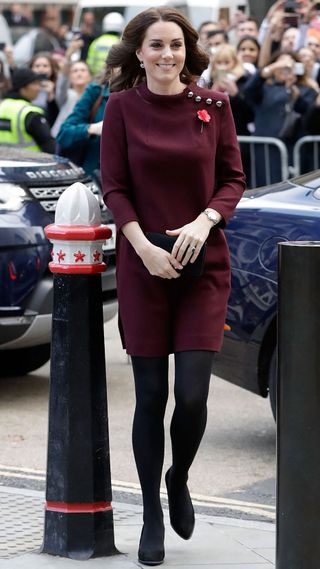 The Princess of Wales, wearing a berry toned jumper dress, arrives for the annual Place2Be School Leaders Forum in London on November 8, 2017