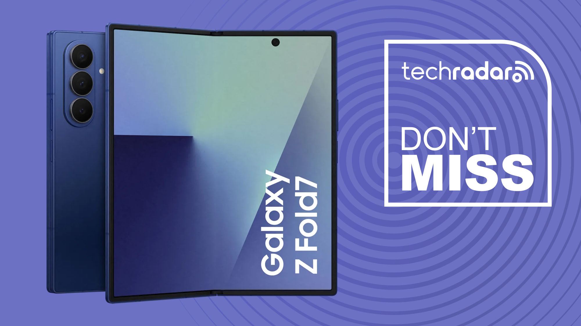 Samsung Galaxy Z Fold 7 blue shadow on purple background with TechRadar don't miss text