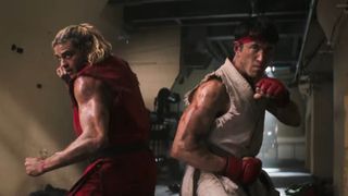 Ken and Ryu getting ready to fight a bunch of goons