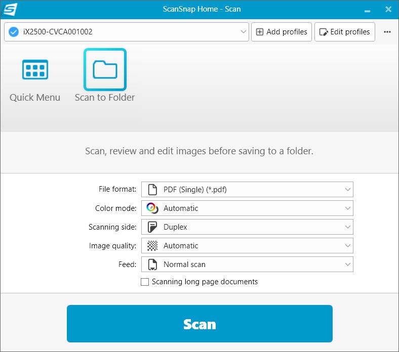 ScanSnap iX2500 Windows software screengrab