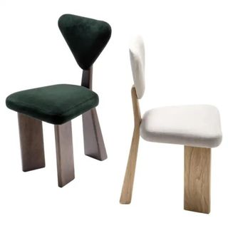 Two angular, upholstered dining chairs from 1stDibs