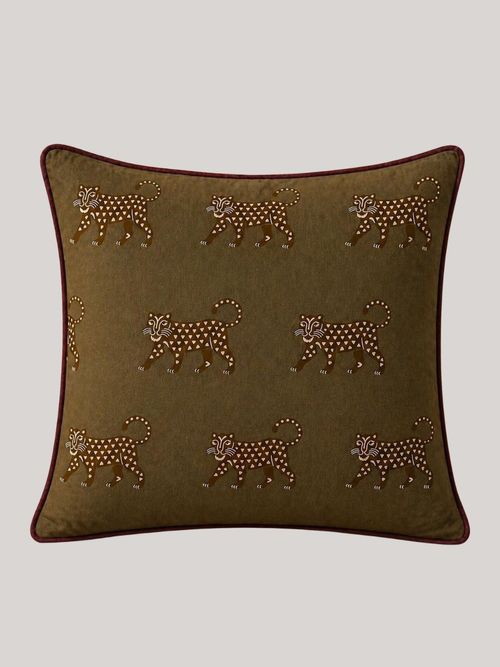 Olive Jaguar Velvet Cushion with Wine Piping 
