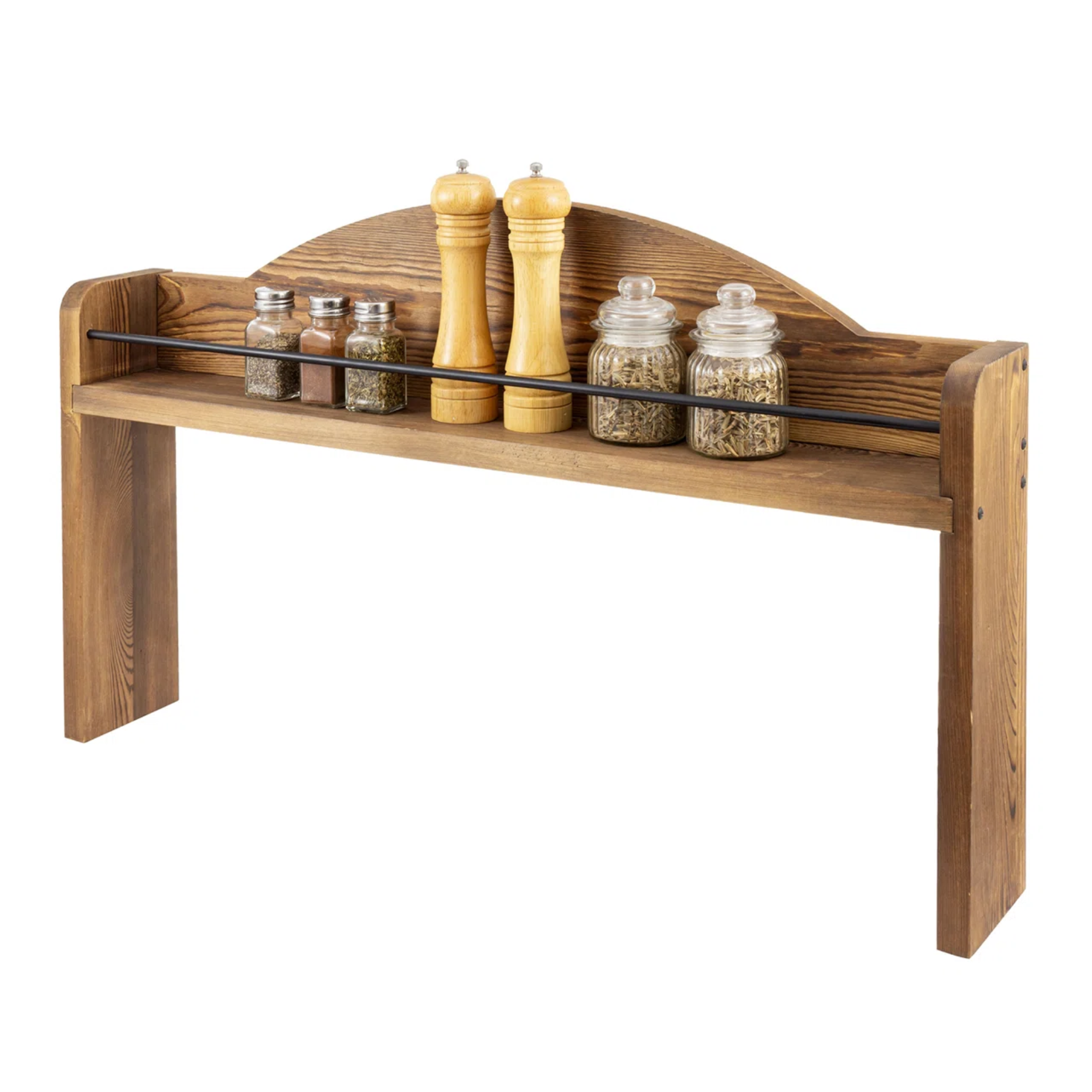 a wooden shelving unit for behind the oven