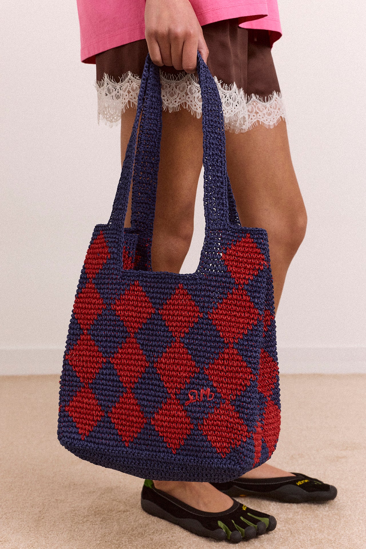 Harlequin Raffia Tote Bag - Navy & Red