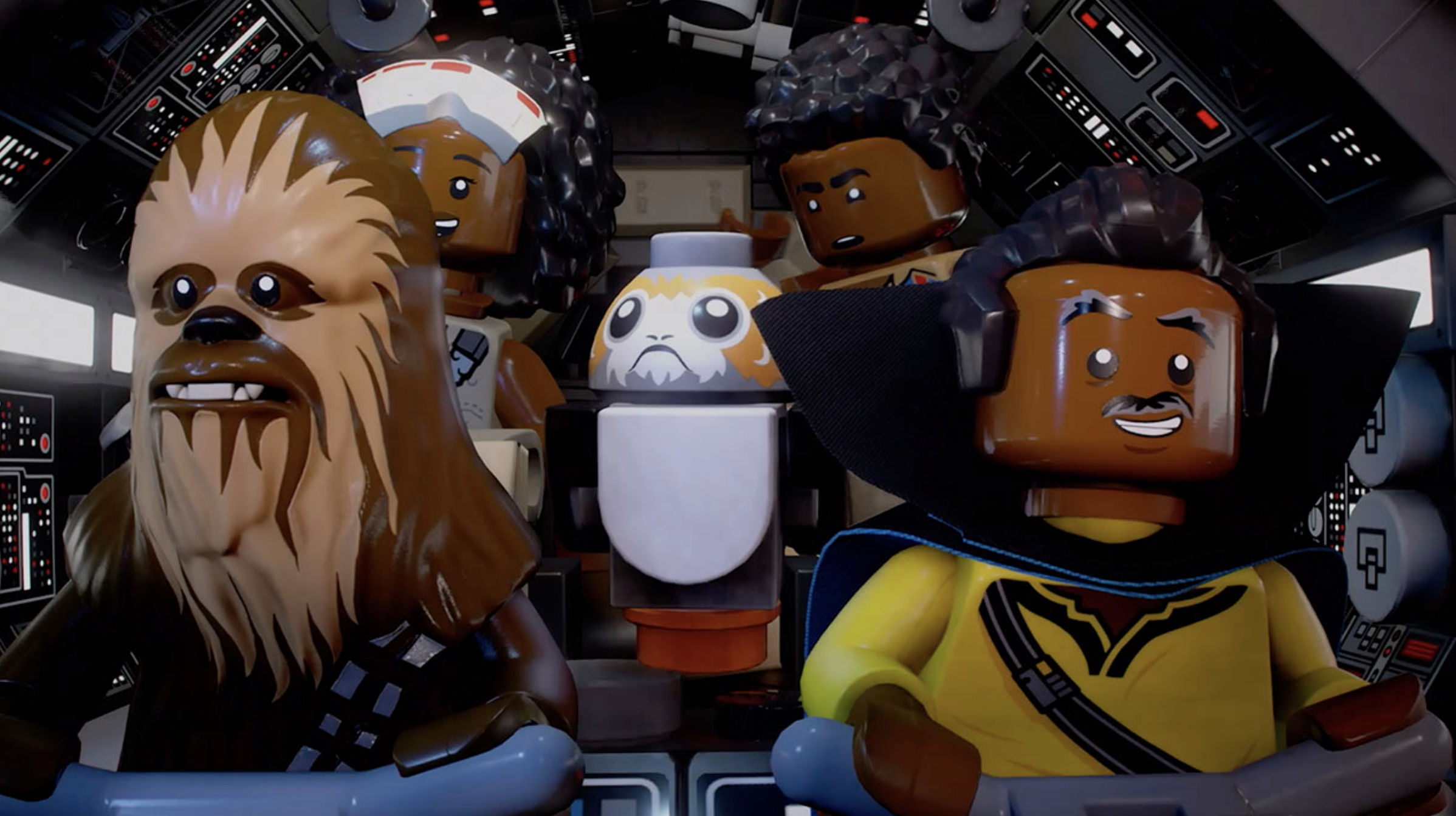 Lego Star Wars: The Skywalker Saga trailer still showing Chewbacca and Lando Calrissian in the foreground