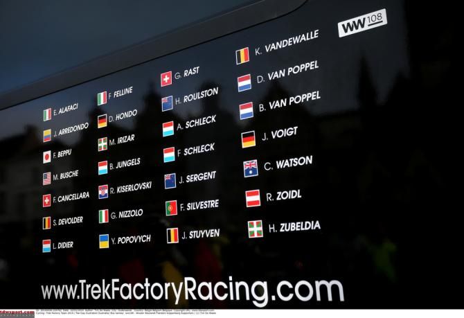 The full Trek Factory Racing team roster is represented on the side of the bus