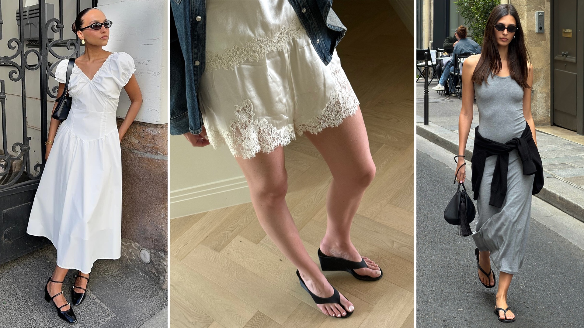 fashion collage of three style influencers wearing chic summer outfit ideas with dresses, sandals, and shorts 2026 trends
