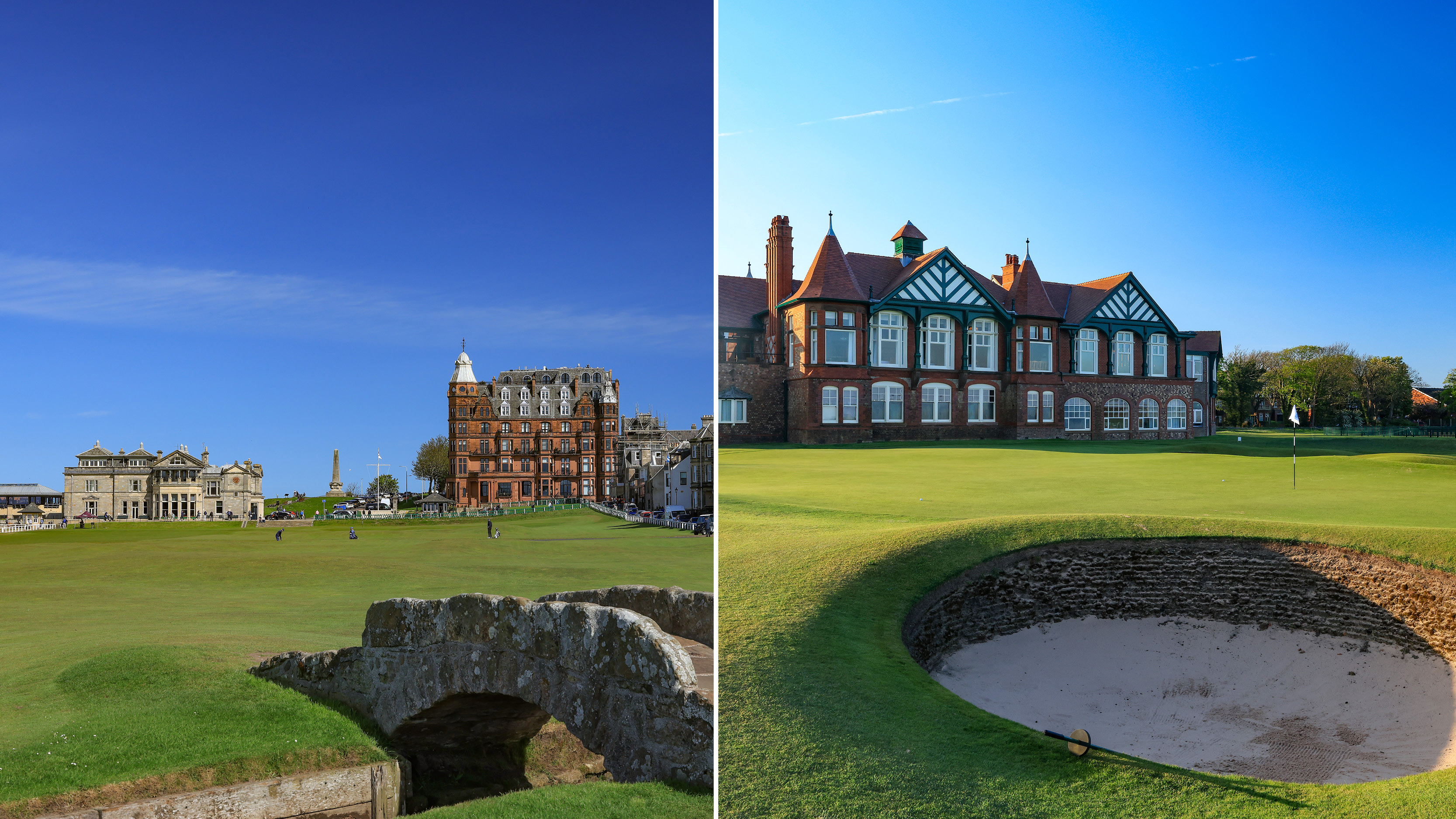 The 18th at St Andrews Old Course and the 18th green and clubhouse at Royal Lytham and St Annes