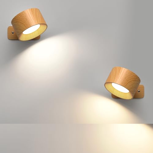 Mexllex 2 Pack Rechargeable Wall Lights, 360&amp;deg; Rotatable Touch Control Wall Lamps, Battery Operated Wall Light, 3 Brightness Levels 3 Colour Modes, Wireless Reading Lights for Bedroom Living Room