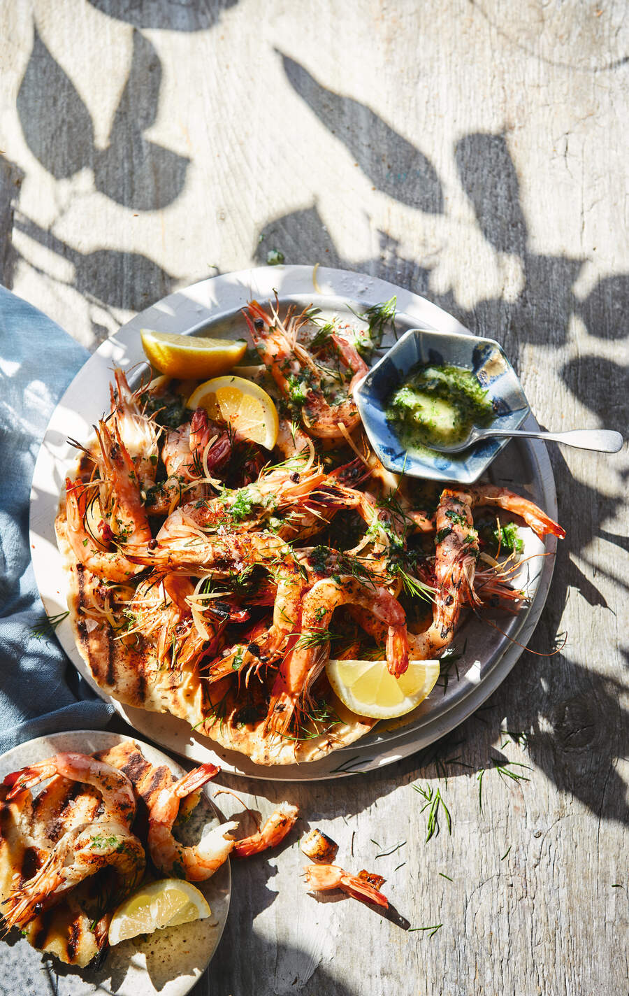 Charred prawns with lemon and dill butter