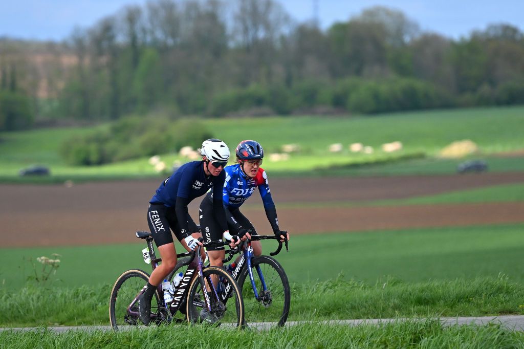 HUY BELGIUM APRIL 17 LR Pauliena Rooijakkers of The Netherlands and Team FenixDeceuninck and Grace Brown of Australia and Team FDJ Suez compete in the chase group during the 27th La Fleche Wallonne Feminine 2024 a 146km one day race from Huy to Huy UCIWWT on April 17 2024 in Huy Belgium Photo by Luc ClaessenGetty Images