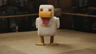 A Chicken stands innocently in the ring in A Minecraft Movie.