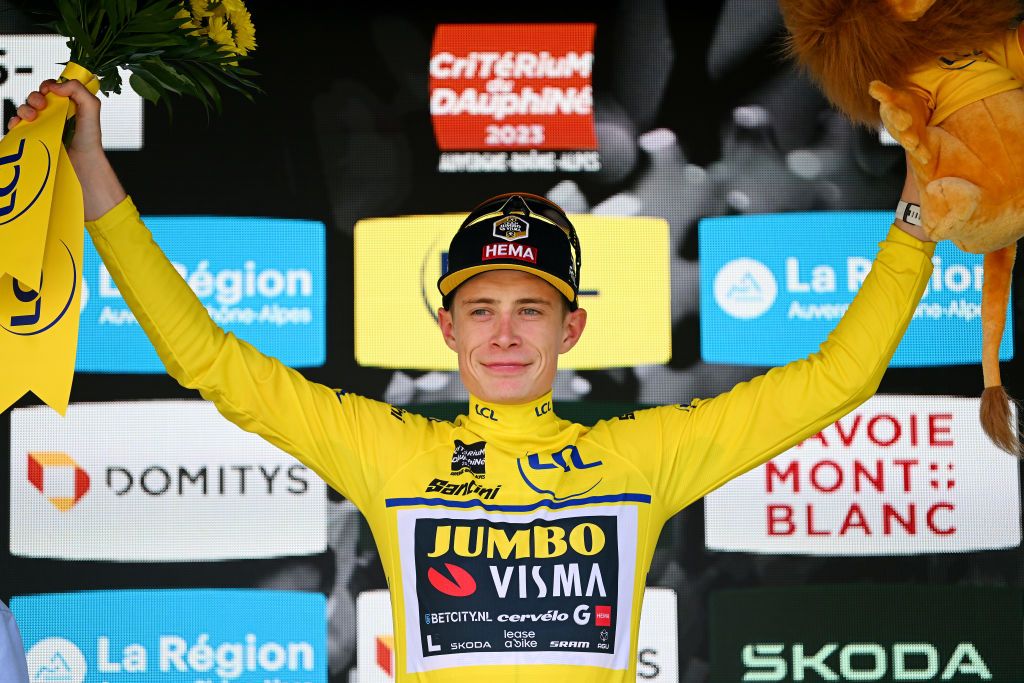 SALINSLESBAINS JUNE 08 Jonas Vingegaard of Denmark and Team JumboVisma celebrates at podium as Yellow leader jersey winner during the 75th Criterium du Dauphine 2023 Stage 5 a 1911km stage from CormoranchesurSane to SalinslesBains UCIWT on June 08 2023 in SalinslesBains France Photo by Dario BelingheriGetty Images