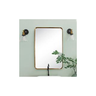 rectange unlacquered brass mirror with sconces left and right and black tap