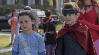 Tommy and Billy Maximoff in Quicksilver and Wiccan Halloween costumes in WandaVision