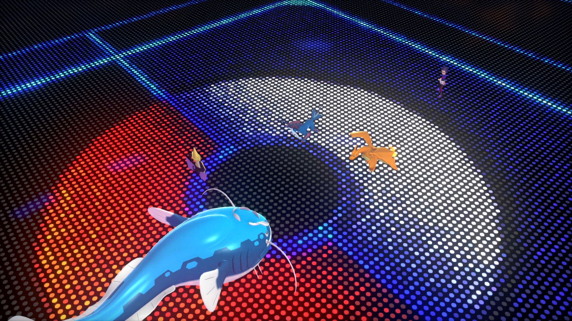 Two trainers face off in a Pokemon stadium-style battleground
