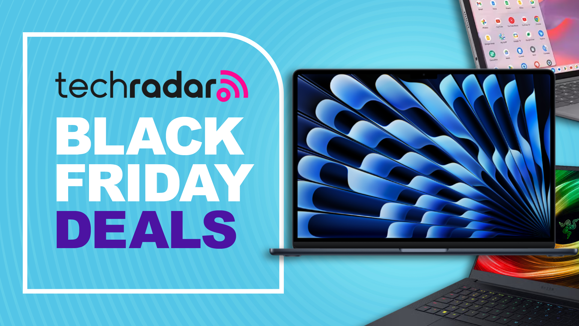 Various opened and powered on laptops against a cyan TechRadar deals background