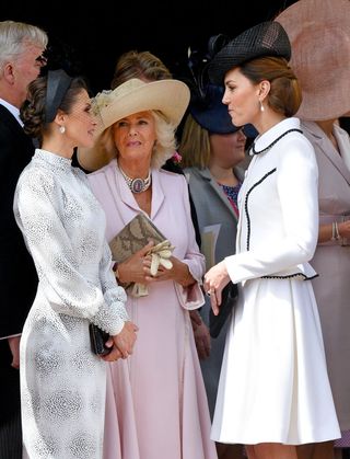 Queen Letizia of Spain, Camilla, Duchess of Cornwall and Catherine, Duchess of Cambridge attend the Order of the Garter service at St George's Chapel on June 17, 2019 in Windsor, England. The Most Noble Order of the Garter is the oldest and most senior Order of Chivalry in Britain, established by King Edward III in 1348. This year saw the installation of King Felipe of Spain and King Willem-Alexander of The Netherlands as Supernumerary or Stranger Knights of the Garter
