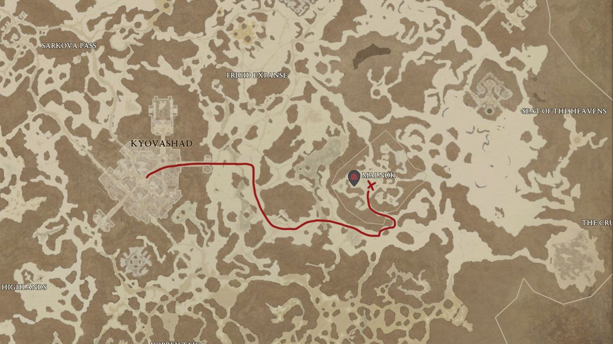 Diablo 4 map with red line for directions