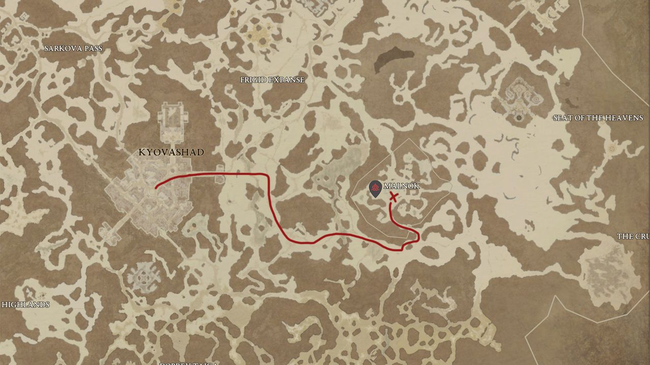 Diablo 4 map with red line for directions