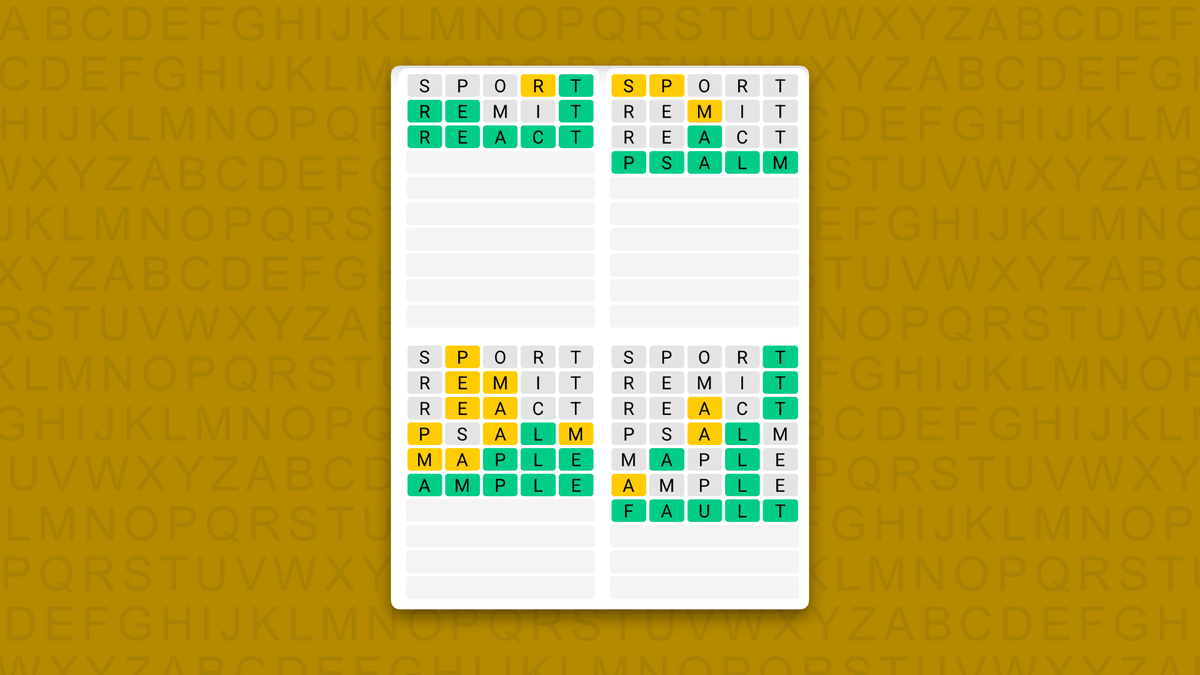 Quordle Daily Sequence answers for game 1728 on a yellow background