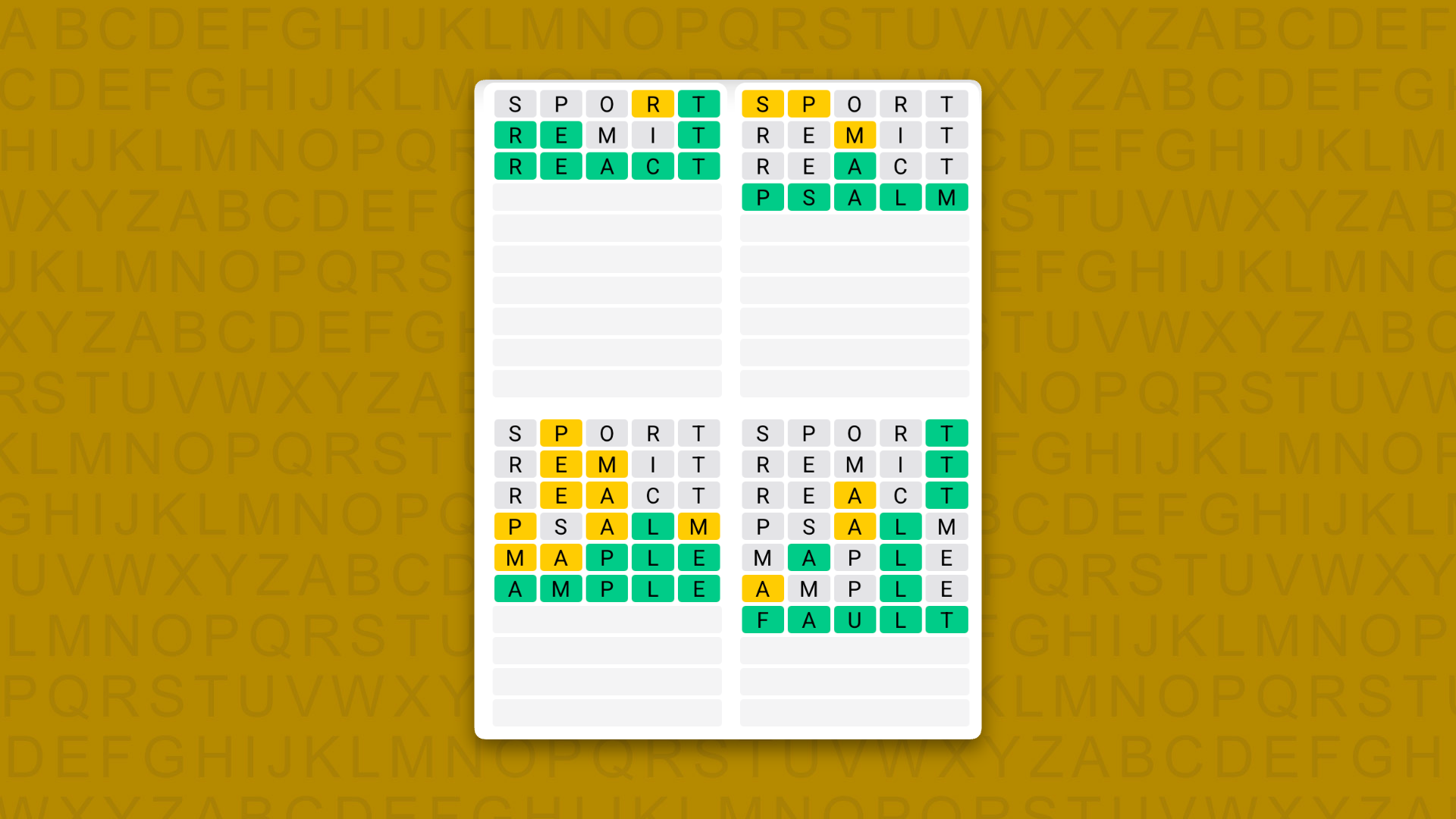 Quordle Daily Sequence answers for game 1728 on a yellow background