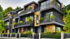An attractive, green apartment building, with bicycle in the foreground.