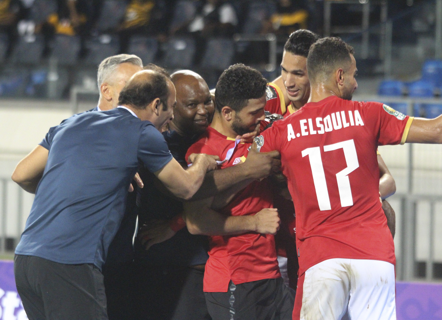 Mohamed Moursy Afsha celebrates his goal with teammates and Pitso Mosimane