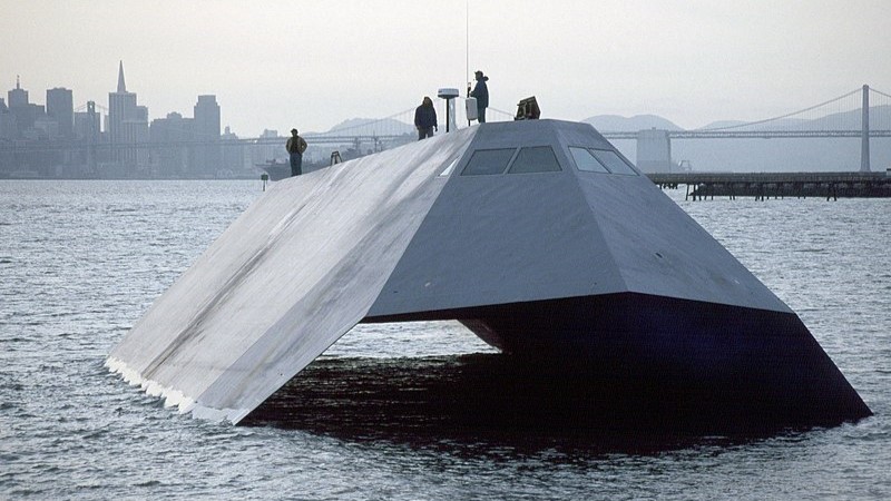 A picture of the U.S. navy’s experimental Sea Shadow ship, which is metallic and angular.