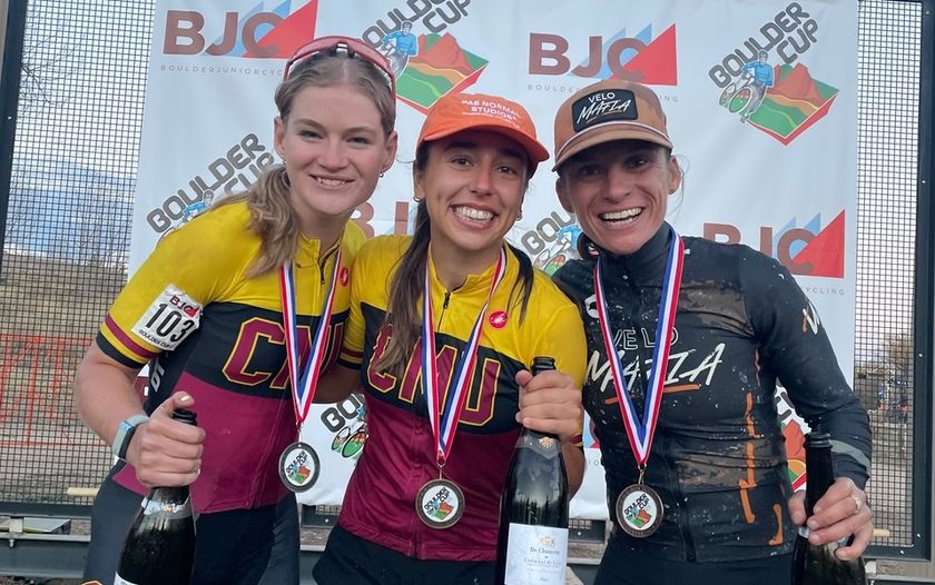 Makena Kellerman (centre) celebrates as the winner of day two at 2025 Boulder Cup cyclocross C1 race, joined by runner-up Cassidy Hickey and third-placed Caroline Mani