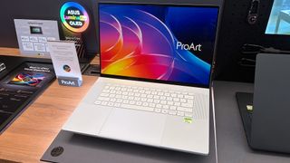 ASUS ProArt P16 laptop samples on display shelving highlighting chassis and features at Computex 2026