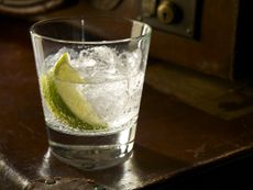 A glass of Gin and Tonic with ice and lime, sitting on old leather suitcases, because how else would you want it served?