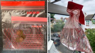 freezer bag with water and coins hanging in a window as idea for how to get rid of flies in a house