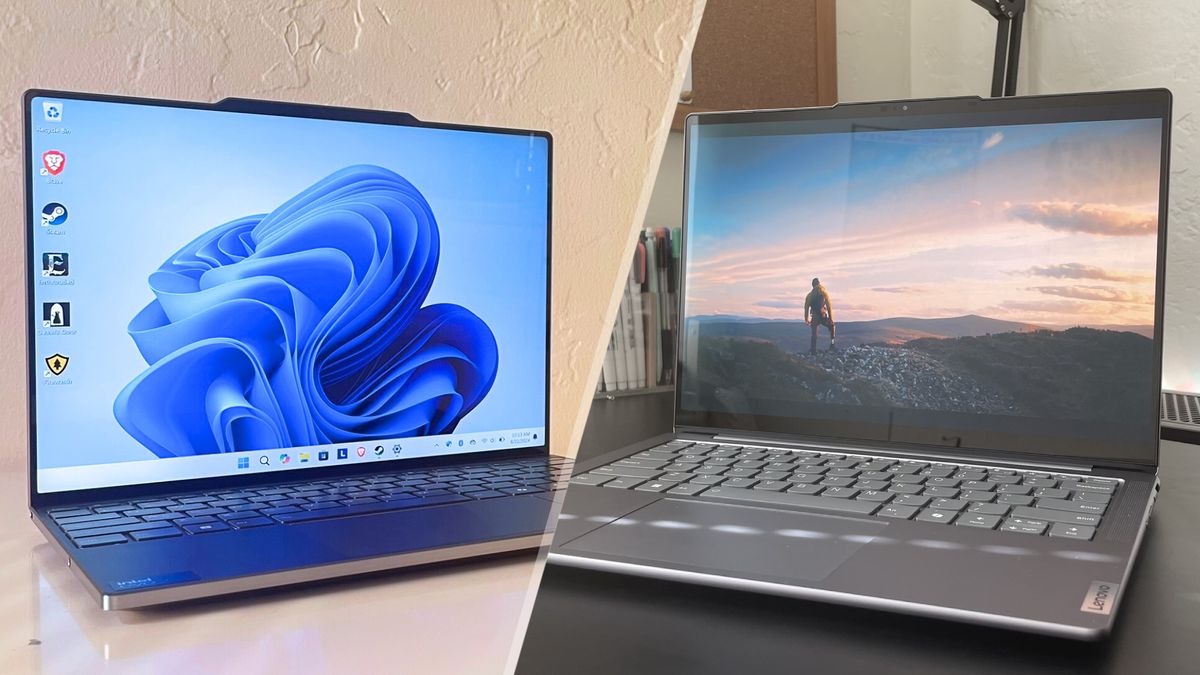 A split image with the Lenovo ThinkBook 13x G4 on the left and the Lenovo Slim 7i Gen 9 on the right