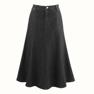 flat lay image of long denim skirt