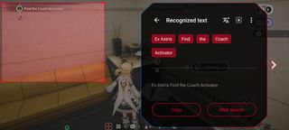 A screenshot of Ex Astris, showing the ROG Phone 9 Pro's AI Grabber recognizing text on screen and offering to search for it online