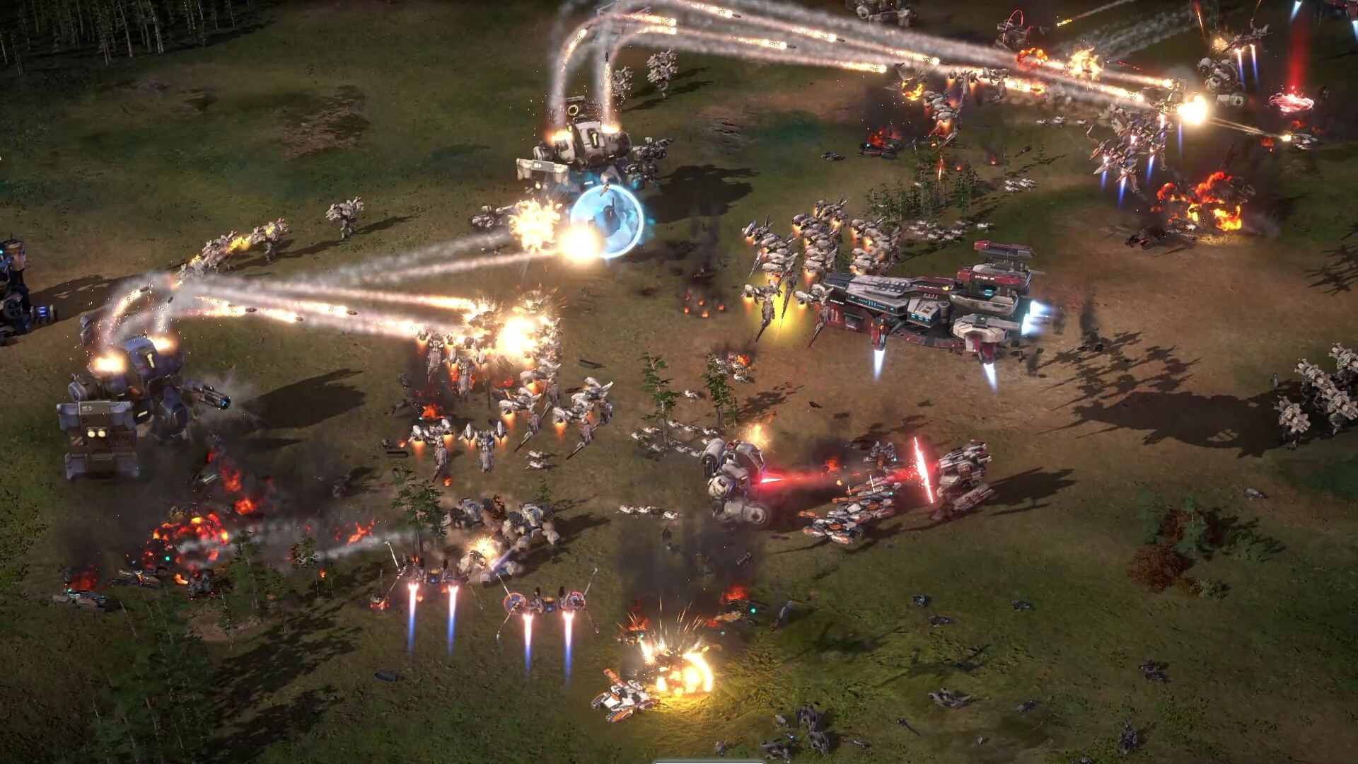 Missiles fly in a pitched mech battle