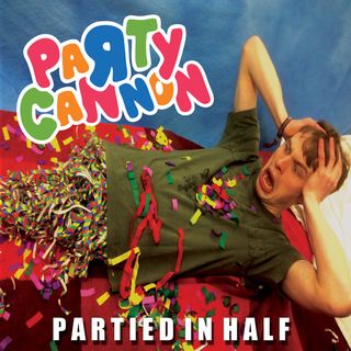Album cover for Party Cannon's 2013 album Partied in Half, featuring a dismembered man with no legs looking in horror as party streamers pour from his torso