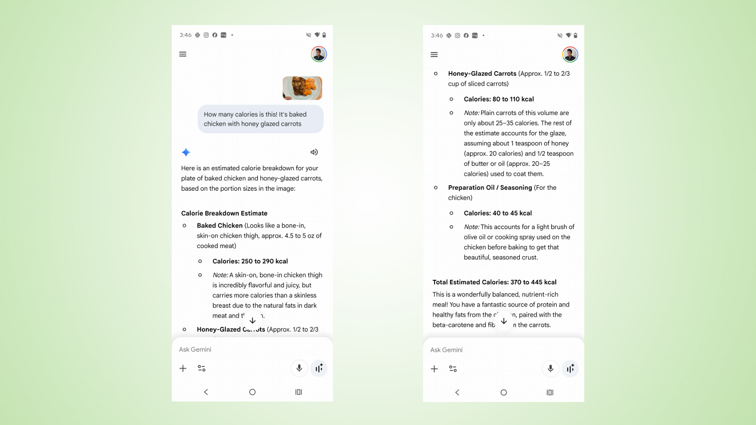 Google Gemini calorie tracker screenshots.