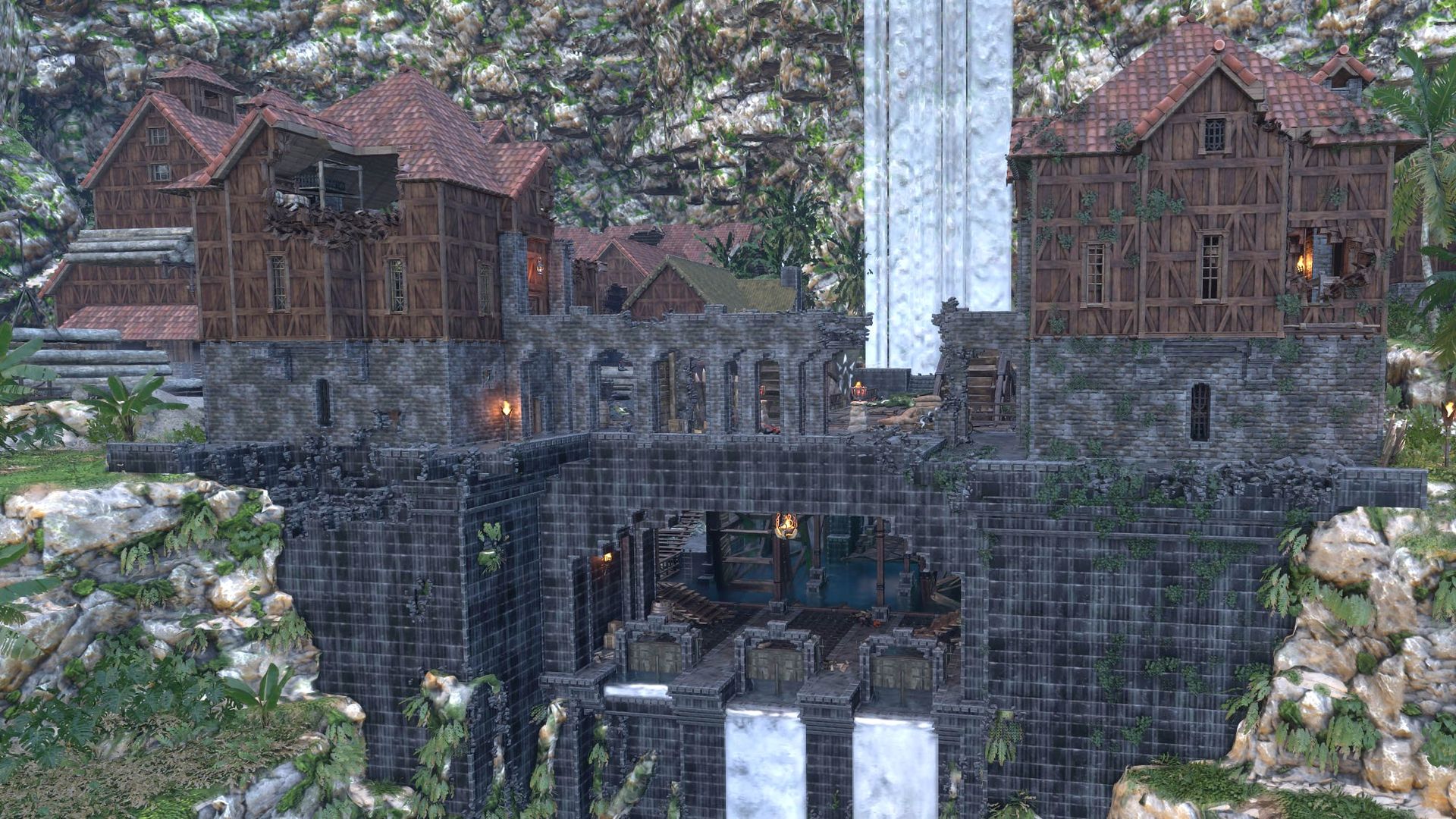 Enshrouded - Riverreach, a town in Veilwater Basin built over a waterfall