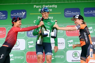 Celebrations on the final podium at the OVO Energy Women's Tour
