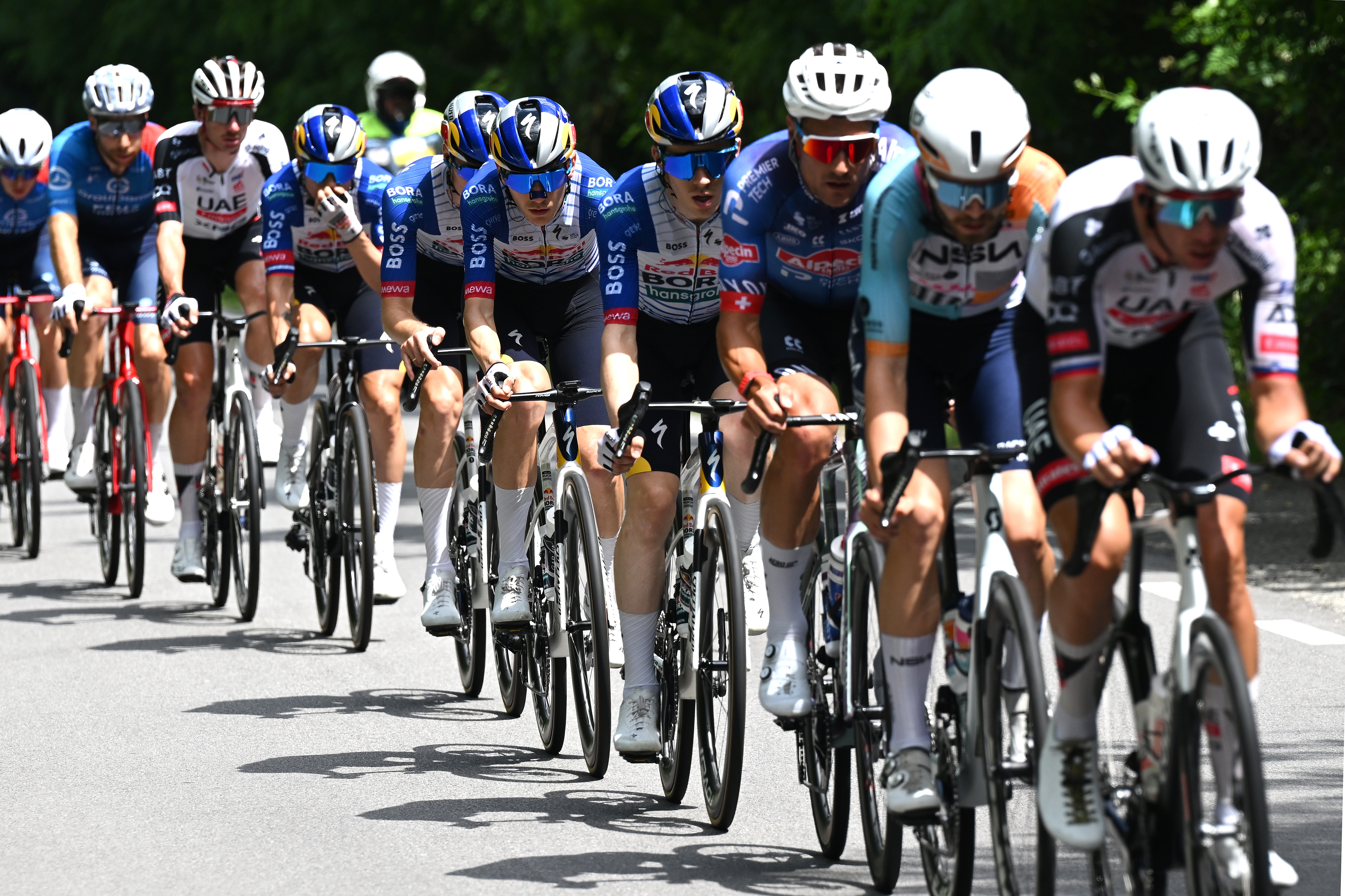 SONDRIO, ITALY - JUNE 17: Finn Fisher-Black of New Zealand and Team Red Bull - BORA - hansgrohe (L) competes during the 89th Tour de Suisse 2026, Stage 1 a 144km stage from Sondrio to Sondrio / #UCIWT / on June 17, 2026 in Sondrio, Italy. (Photo by Tim de Waele/Getty Images)