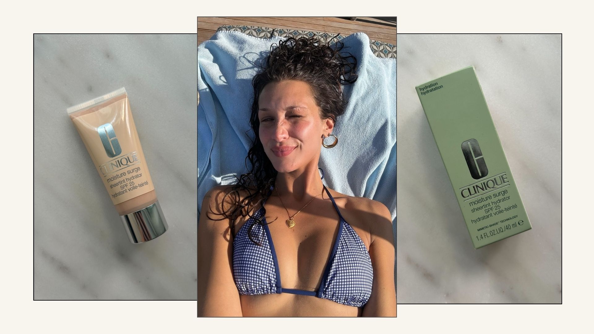 A selfie of Bella Hadid and two pictures of the Clinique Moisture Surge tinted moisturiser