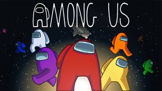 Among Us: crewmates of varying colors float through space below an Among Us logo