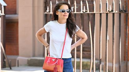 Katie Holmes spotted in New York wearing jeans and a white t-shirt