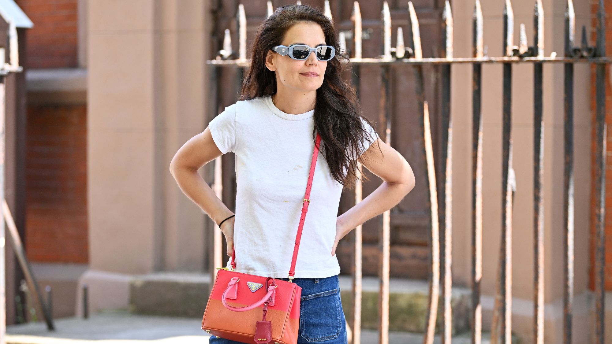 Katie Holmes out in New York City carrying a Prada Galleria
