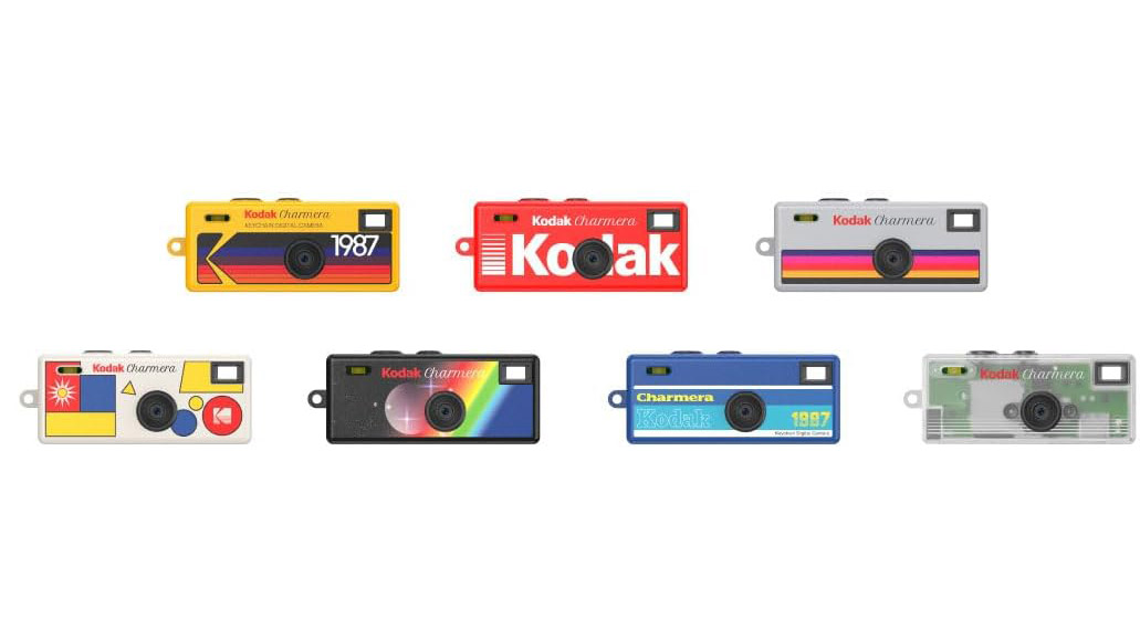 A front-on studio shot of all seven different colorways the Kodak Charmera comes in