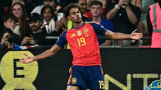 Lamine Yamal celebrates scoring a goal against England in the Nations League 2026/27