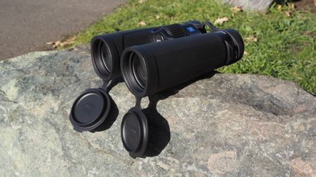 Zeiss SFL 10x50 binoculars on a rock