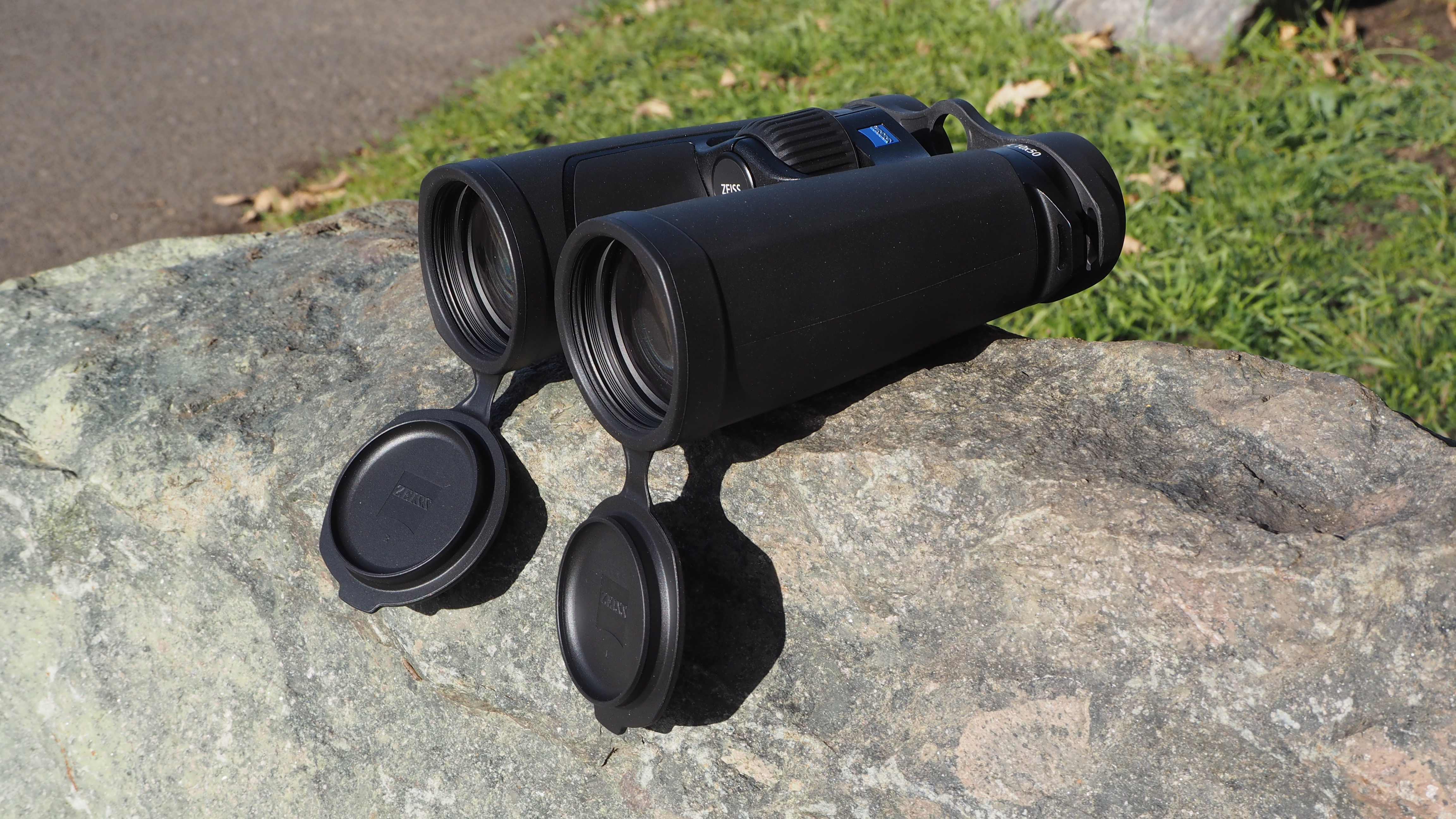 Zeiss SFL 10x50 binoculars on a rock